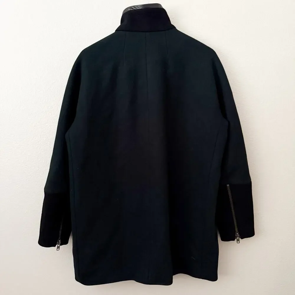MADEWELL | Green Black City Grid Cocoon Coat Faux Leather Trim Wool Zip | 12 - Picture 3 of 9